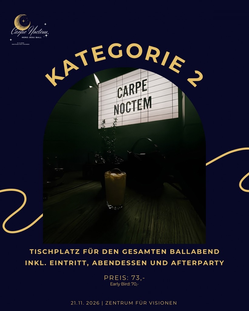 Ticketkategorie 2: Reservierter Tischplatz für den gesamten Ballabend inklusive Eintritt, Abendessen und Afterparty. Regulär 73 Euro, Early-Bird-Preis 70 Euro.